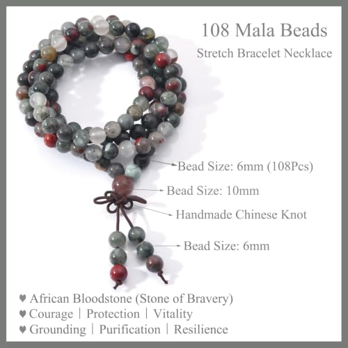108 Mala Beads Stretch Bracelet 6mm Natural Gemstone Prayer Beaded Necklace - color: African Bloodstone
