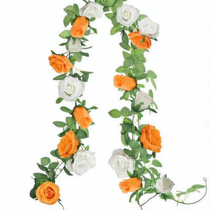 GREENTIME 2Pack Orange White Flower Garland Each 6.5FT Fake Rose Garland - color: Orange White