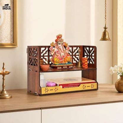 Compact Wooden Pooja Mandir for Home & Office | Small Table Top & Wall Mounted Wooden Temple Stand with Golden Acrylic Elegance | Devghar (H-8 x L-12 x W-5.5 Inch)