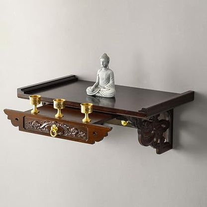 Bamboo Wooden Pooja Stand for Home Temple and Office Puja Mandir God Statue Shelf Wall Mounted Hanging Table top for Home Decor Altar Table