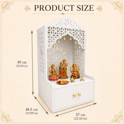Pooja Mandir for Home in USA, Hindu Wooden Temple for Home, Indian Puja Mandir with Cabinet (White)