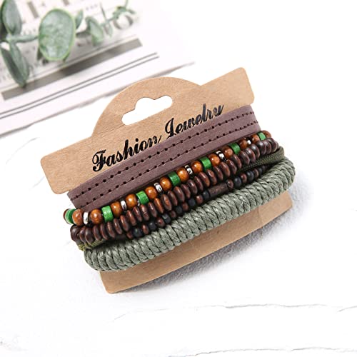 HZMAN Handmade Hemp Cords Wood Beads Leather Bracelets for Men Women - style: Wooden Beaded