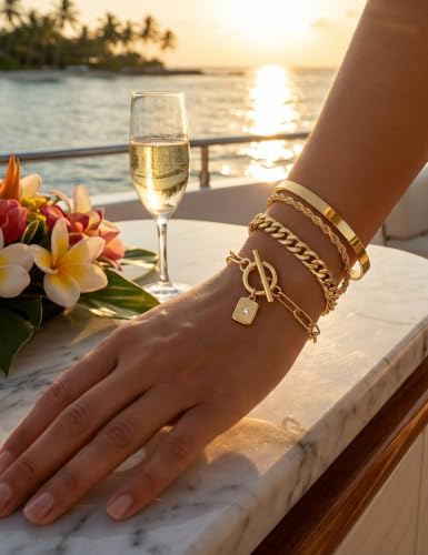 10 Pcs 14K Gold Plated Bracelet for Women, Dainty Stackable Chain Set - color: Yellow Gold