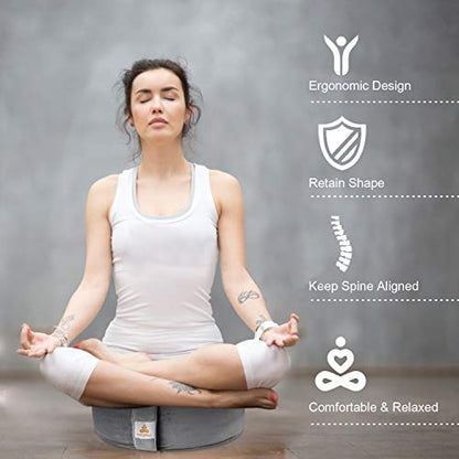 Embroidered Meditation Pillow D=16" H=5.5" Round Velvet Meditation Cushion Yoga Bolster Floor Pouf Zafu Natural Buckwheat hulls Sitting on Floor Removable Organic Cotton Cover Large Kneeling Pillow - color: Black White