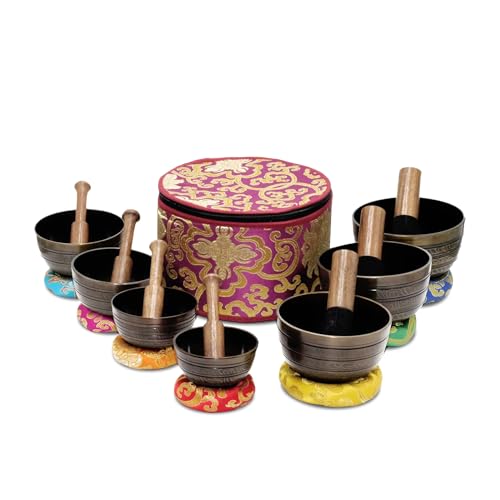Tibetan Singing Bowl Set of 7, Handcrafted Singing Bowl for Meditation & Holistic Healing, Yoga Accessories, 3-5” Black Singing Bowls with Wooden Striker, Cushion & Purple Carry Box - color: Black