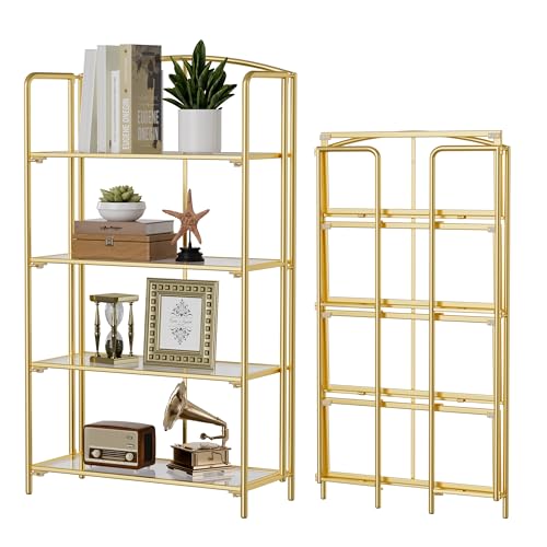 Crofy 4-Tier Wider Foldable Bookshelf, Gold Frame & Transparent Shelves - color: Gold Frame & Transparent Shelf, size: 4 Tier Wider