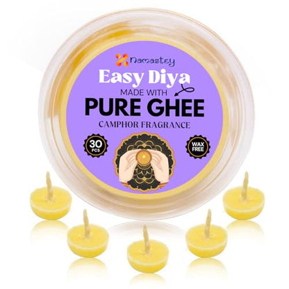 NAMASTEY Pure Ghee Camphor Fragrance Wicks – Pack of 30 Pure Ghee Wicks for Puja | Ready-to-Use Diya Batti | Wax-Free Cotton Wicks | 30-Min Burn Time | Ideal for Pooja, Diwali, and Housewarming Gifts