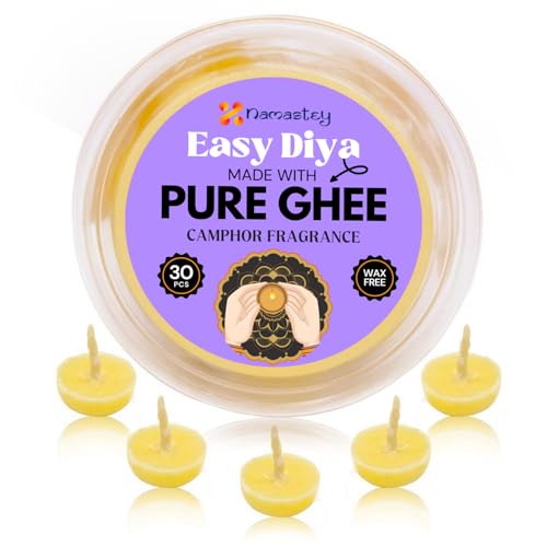 NAMASTEY Pure Ghee Camphor Fragrance Wicks – Pack of 30 Pure Ghee Wicks for Puja | Ready-to-Use Diya Batti | Wax-Free Cotton Wicks | 30-Min Burn Time | Ideal for Pooja, Diwali, and Housewarming Gifts