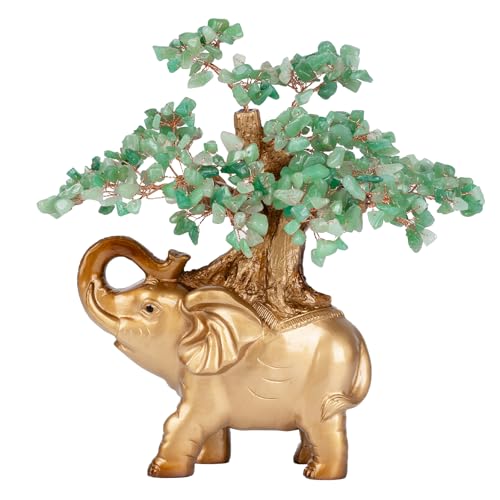 Green Aventurine Crystal Money Tree on Gold Mini Elephant Statue, 10”Gemstone Bonsai Tree of Life Home Décor Gifts for Wealth Positive Energy, Feng Shui Décor - color: Aventurine, size: 10 inches Tall