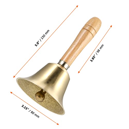 SINJEUN 4 PCS 6 Inch Brass Hand Bell, Solid Brass Hand Call Bells with Wooden Handle, Loud Ringing Bell Restaurant Call Service Bell for Christmas, School, Home, Restaurant, Bride Wedding