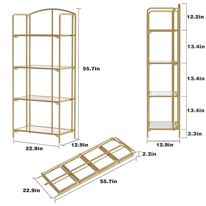 Crofy 4-Tier Foldable Bookshelf, Gold Frame & Transparent Shelves - color: Gold Frame & Transparent Shelf, size: 4 Tier