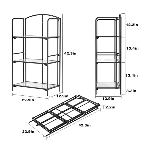 Crofy 3-Tier Foldable Bookshelf, Black Frame & Transparent Shelves - color: Black Frame & Transparent Shelf, size: 3 Tier
