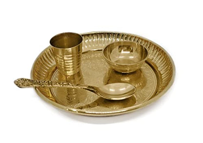 Satvik Brass 4 Pc Bhog Thali Set for Laddu Gopal With Glass, Bowl and Pooja Spoon - Home and Temple Kanha Ji Plate Set (Medium) - size: Medium