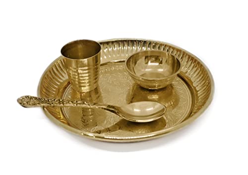 Satvik Brass 4 Pc Bhog Thali Set for Laddu Gopal With Glass, Bowl and Pooja Spoon - Home and Temple Kanha Ji Plate Set (Medium) - size: Medium