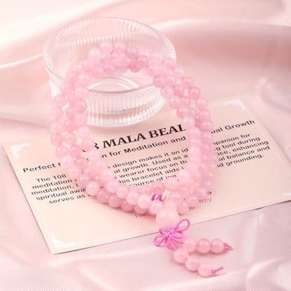 AD Beads 6mm 8mm 108 Prayer Mala Jasper Elastic Bracelet - Handmade Yoga Meditation Healing Power Energy Gifts for Unisex Adult. - color: Rose Quartz (Courage)