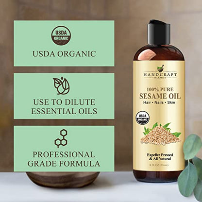 Handcraft Blends Organic Sesame Oil - 8 Fl Oz - 100% Pure and Natural - Premium Grade Carrier Oil for Skin and Hair - Hair and Body - Massage - Expeller-Pressed and Hexane-Free - size: 8 Fl Oz (Pack of 1)