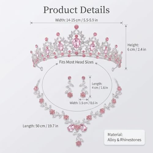 Kamirola Tiaras and Crowns for Women,Tiaras Earrings Necklace, Crystal Bridal Jewelry Set, Costume Party Halloween Prom Pageant Jewelry for Women(TR45) - color: Pink & Silver