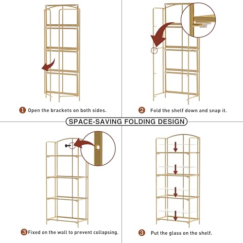 Crofy 4-Tier Foldable Bookshelf, Gold Frame & Transparent Shelves - color: Gold Frame & Transparent Shelf, size: 4 Tier