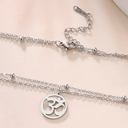 Women OM Necklace Indian Yoga Aum Om Ohm Pendant Necklace Stainless Steel Hindu Meditation Charm Sanskrit Symbol Spiritual Amulet Jewelry for Women Men - color: Layered-S