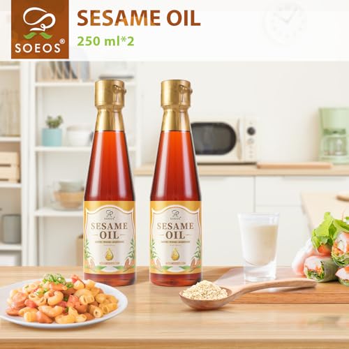 Soeos Sesame Oil, Toasted Sesame Seed Oil, 8.45 Fl Oz (250 ml) Pack of 2, Total 500 ml, Nutty Flavor, Perfect for Asian Food, Noodles, Soup, Baking, and Stir-Fry - size: 8.45 Fl Oz (Pack of 2)
