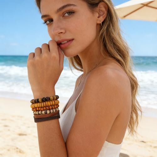 HZMAN Handmade Hemp Cords Wood Beads Leather Bracelets for Men Women - style: Coconut shell 5 Mix