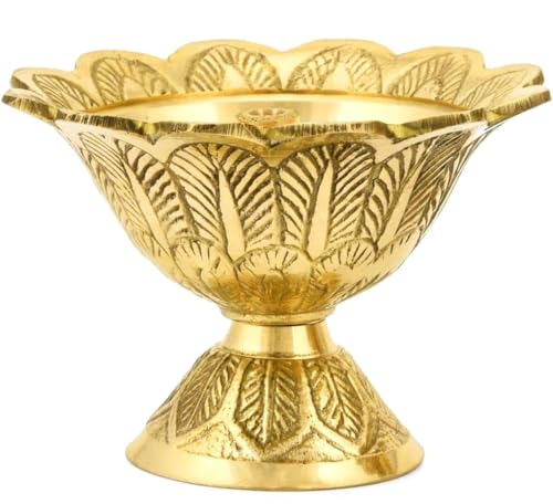Brass Lotus Akand Diya – Traditional Indian Golden Oil Lamp for Diwali Pooja & Home Temple Decoration, Handmade Engraved Virgin Brass Metal for Thanksgiving & Festivals – (Pack of 1) - size: 2X-Large (Pack of 1)