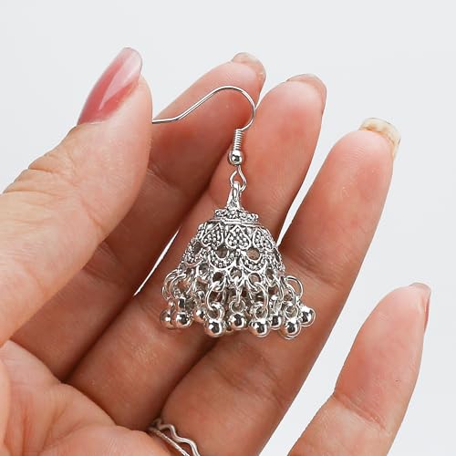 2 Pair Vintage Jhumkas Earrings 1.8'' for Women, Handmade Ethnic Antique Traditional Gold Plated Silver Earring - Small Indian Jhumki Jewelry Micro Earring Bell Tassel Drop Hanging Pendientes