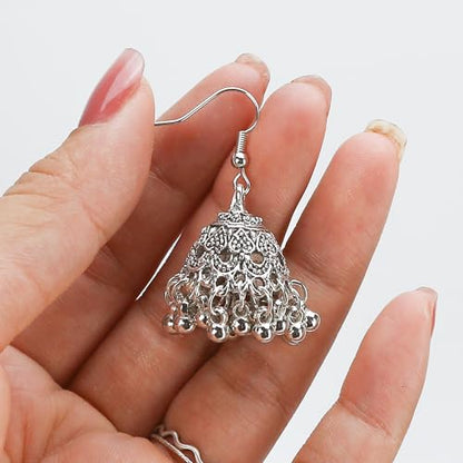 2 Pair Vintage Jhumkas Earrings 1.8'' for Women, Handmade Ethnic Antique Traditional Gold Plated Silver Earring - Small Indian Jhumki Jewelry Micro Earring Bell Tassel Drop Hanging Pendientes