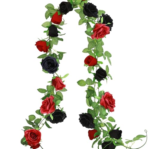 GREENTIME 2Pack 6.5FT Black Red Artificial Rose Garland Fake Rose Vines - color: Black Red