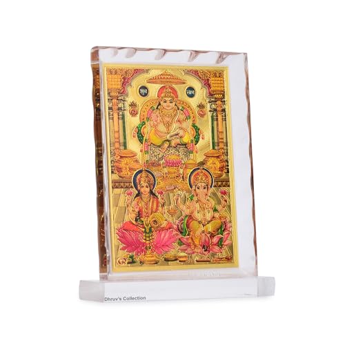 DHRUVS COLLECTION Gold Plated Lakshmi Ganesh Kuber Idol Acrylic Diamond Cut Photo Frame Stand for Home Decor, Car Dashboard, Office Table, Temple, Housewarming Gift (10.5 x 8 Centimeters) - color: Lakshmi Ganesh Kuber