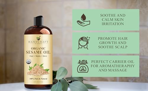 Handcraft Blends Organic Sesame Oil - 16 Fl Oz - 100% Pure and Natural - Premium Grade Carrier Oil for Skin and Hair - Hair and Body - Massage - Expeller-Pressed and Hexane-Free - size: 16 Fl Oz (Pack of 1)