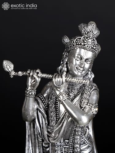Exotic India Superfine Silver-Plated Lord Krishna Brass Statue | Kanha Ji Playing Flute Idol for Pooja Home Temple Murti Gifts - size: 6 Inch