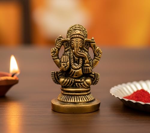 eSplanade Brass Ganesha Idol for Car Dashboard God Idol - 1.2" Inches Ganesha Murti for Desk Decor, Ganapati Statue, Ganapathi Sculpture | Antique Decor Item | Home Decor Gift Showpieces - style: Ganesha