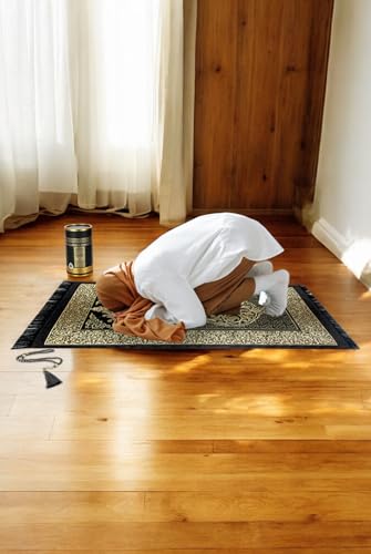 ihvan online Muslim Prayer Rug and Prayer Beads with Elegant Design Cylinder Gift Box, Janamaz, Soft Sajadah, Islamic Gifts Set, Portable Prayers Carpet Mat, Taffeta Fabric, Black - color: Black