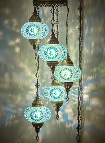 DEMMEX 5-Large 7'' Globes Turkish Moroccan Mosaic Plug-in Chandelier - Colorful Bohemian Pendant Light with 15-ft Cord&Chain, Exotic Swag Ceiling Lamp for Living Room, Bedroom, 4ft Drop, Turquoise - color: Turquoise