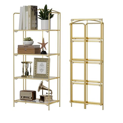 Crofy 4-Tier Foldable Bookshelf, Gold Frame & Transparent Shelves - color: Gold Frame & Transparent Shelf, size: 4 Tier