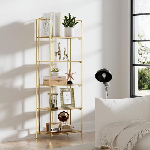 Crofy 5-Tier Foldable Bookshelf, Gold Frame & Walnut Shelves - color: Gold Frame & Walnut Shelf, size: 5 Tier