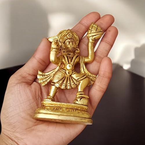 4" Brass Hanuman Statue with Sanjivani Mountain – Standing Lord Hanuman Idol | Small Hindu Monkey God Bajrangbali Murti for Devotion, Strength, Courage & Bhakti | Spiritual Pooja Idol - size: 4"Inch