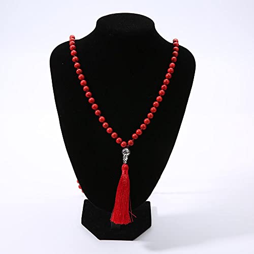 108 Mala Prayer Beads Necklace Natural Stones Meditation Yoga Jewery 108 Hand Knotted Japa Mala Beaded Long Tassel Necklace with Tree of Life Pendant for Men and Women - color: 8mm red turquoise