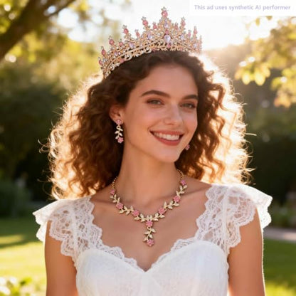 Kamirola Tiaras and Crowns for Women,Tiaras Earrings Necklace, Crystal Bridal Jewelry Set (TR48) - color: Gold Pink