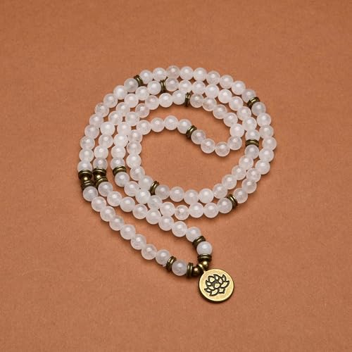 108 Healing Mala Beads Bracelet or Necklace with Gold Lotus Charm - style: White Jade