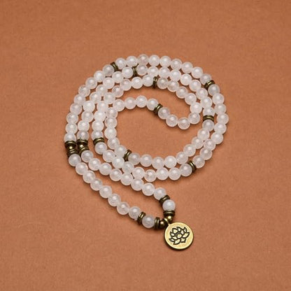 108 Healing Mala Beads Bracelet or Necklace with Gold Lotus Charm - style: White Jade