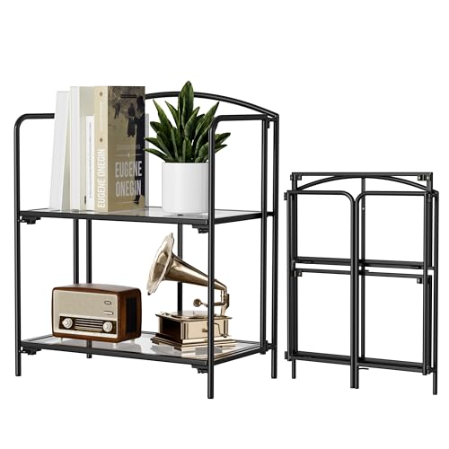 Crofy 2-Tier Foldable Bookshelf, Black Frame & Transparent Shelves - color: Black Frame & Transparent Shelf, size: 2 Tier