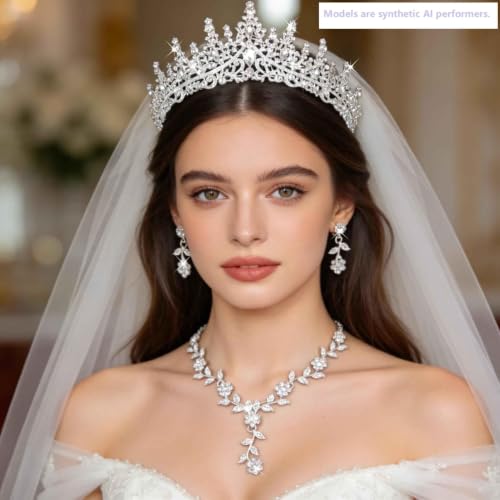 Kamirola Tiaras and Crowns for Women,Tiaras Earrings Necklace, Crystal Bridal Jewelry Set (TR48) - color: Silver