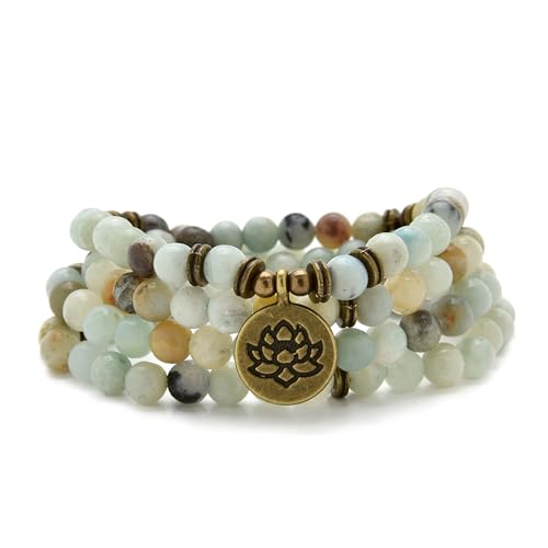 108 Healing Mala Beads Bracelet or Necklace with Gold Lotus Charm - style: Amazonite