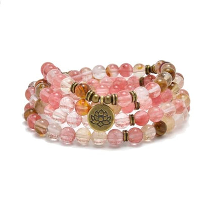 108 Natural Stone Mala Beads Yoga Bracelet with Lotus Charm - style: Watermelon Tourmaline