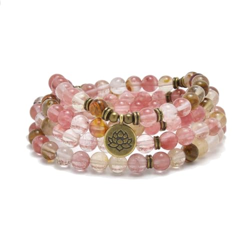 108 Natural Stone Mala Beads Yoga Bracelet with Lotus Charm - style: Watermelon Tourmaline
