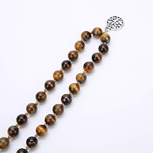 108 Mala Prayer Beads Necklace Natural Stones Meditation Yoga Jewery 108 Hand Knotted Japa Mala Beaded Long Tassel Necklace with Tree of Life Pendant for Men and Women - color: 8mm Tiger Eye