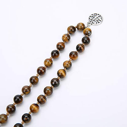 108 Mala Prayer Beads Necklace Natural Stones Meditation Yoga Jewery 108 Hand Knotted Japa Mala Beaded Long Tassel Necklace with Tree of Life Pendant for Men and Women - color: 8mm Tiger Eye
