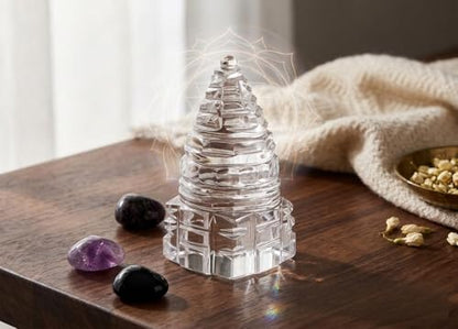 Natural Crystal Clear Quartz Shree Yantra Size 1.5 x 1.5 x 3.5 cm Approx Handcrafted Small Sculpture Statue - color: Crystal Quartz Shree Yantra